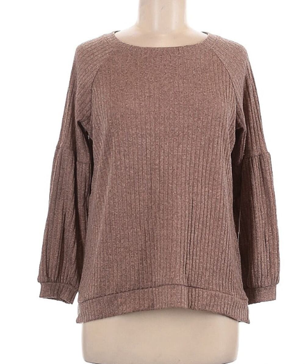 NEW Status Chestnut Brown Blouse Size Small Bell Sleeve Striped textured scoop
